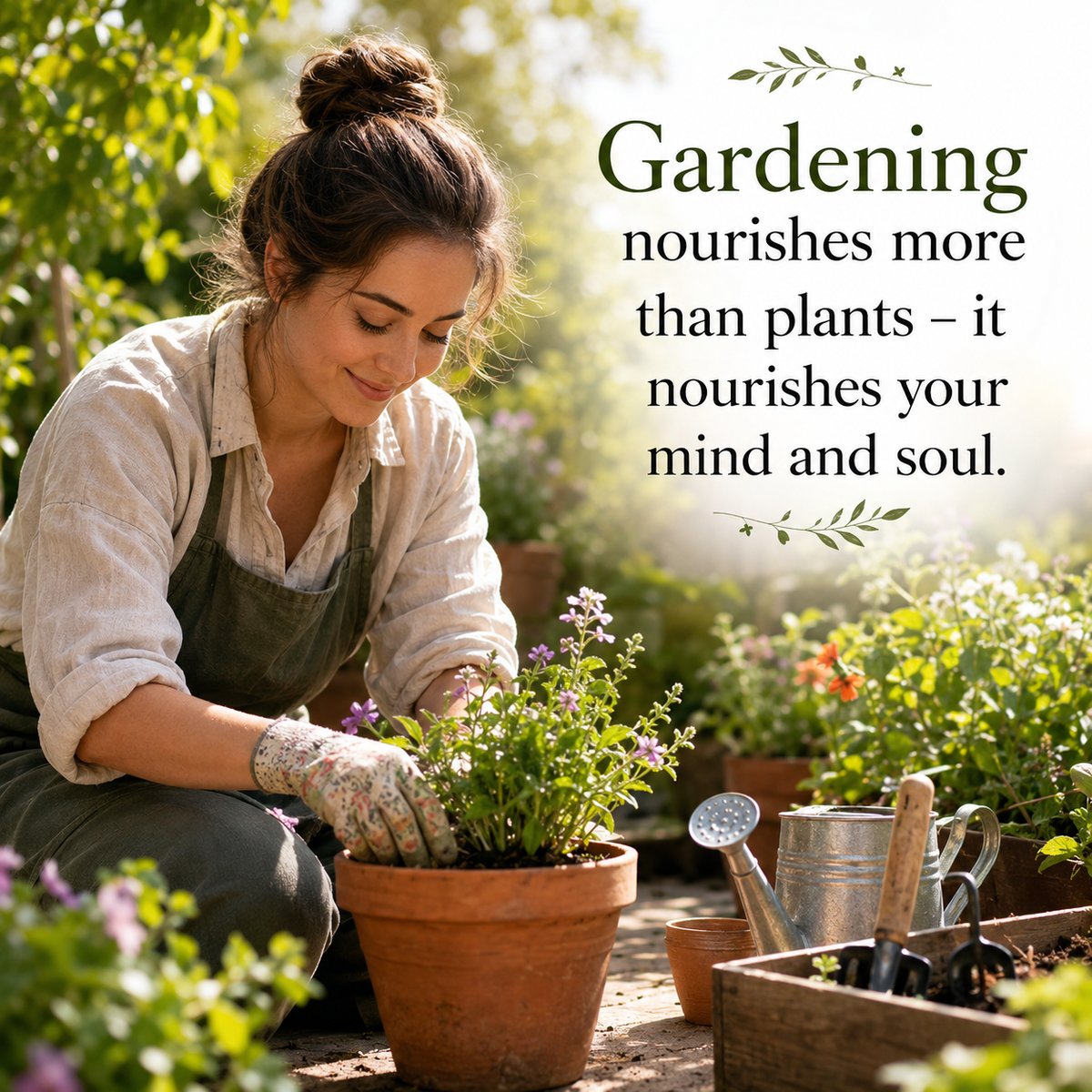 A gardener tending a container garden in the sunshine