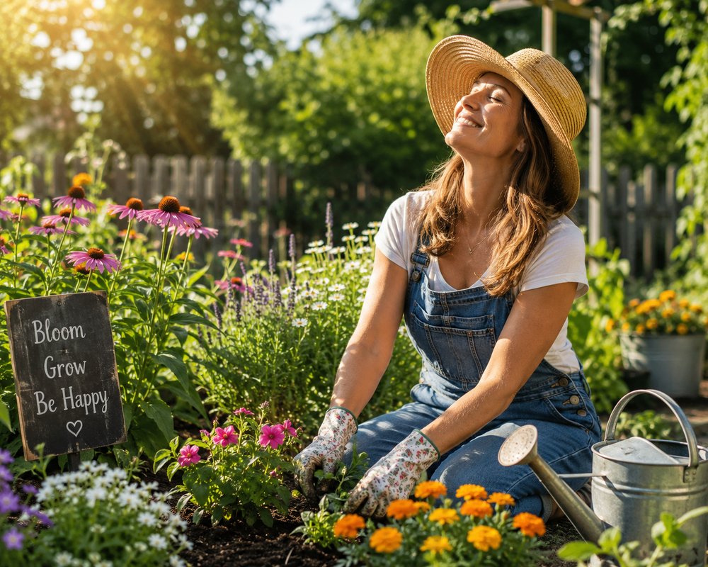 A woman tending flowers in the sunshine