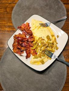 The TnF Farms Awkward Omelet with a side of bacon
