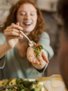 close up blurry woman with food