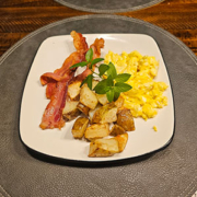 American Guinea hog bacon, free range non GMO farm fresh eggs and potatoes