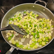 Onion, green pepper, celery and very light seasoning.