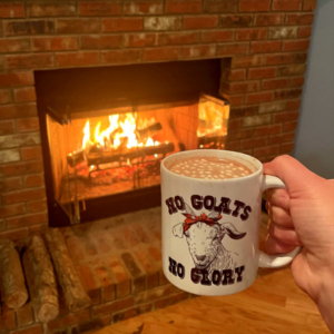 mug of hot chocolate by the fire place