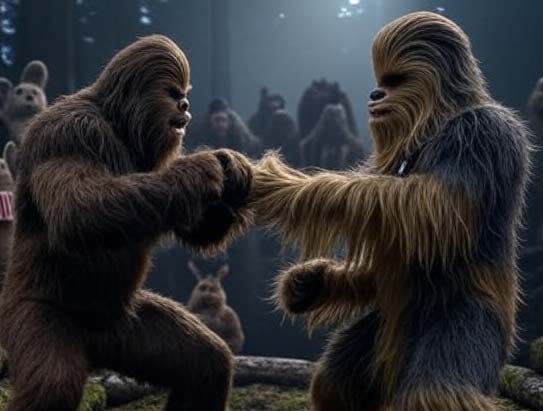 Sasquatch and Chewbacca in a bare knuckle boxing fight
