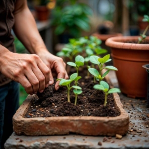 gardener planting seedlings planter