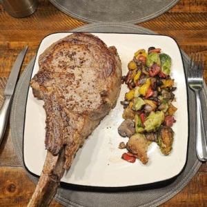Tonight I cooked my first Tomahawk steak with fire roasted vegetables.