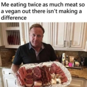Meme showing a man with a tray of meat